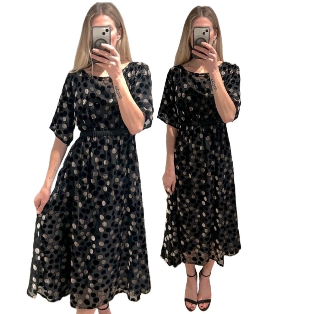 Handmade Velvet Velour Silver Black Polka Dot Maxi Midi Mesh Lined Dress